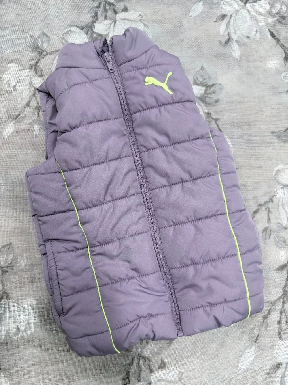 PUMA Girl's 4T Lilac Puffer Vest Neon Green Trim Lightweight Quilted